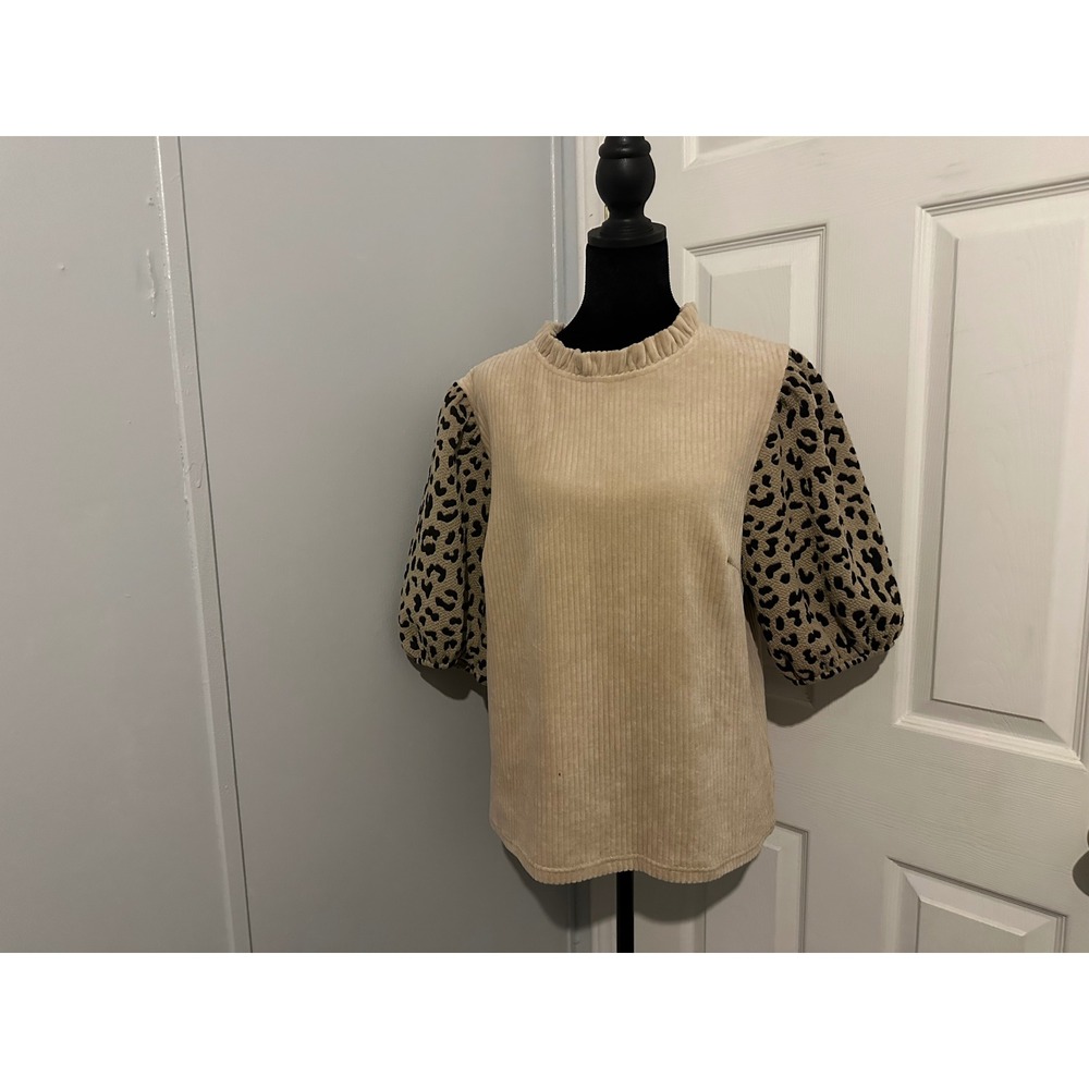 Versona Tan Corduroy Leopard Puff Sleeve Ruffle Neck Blouse Top Large
